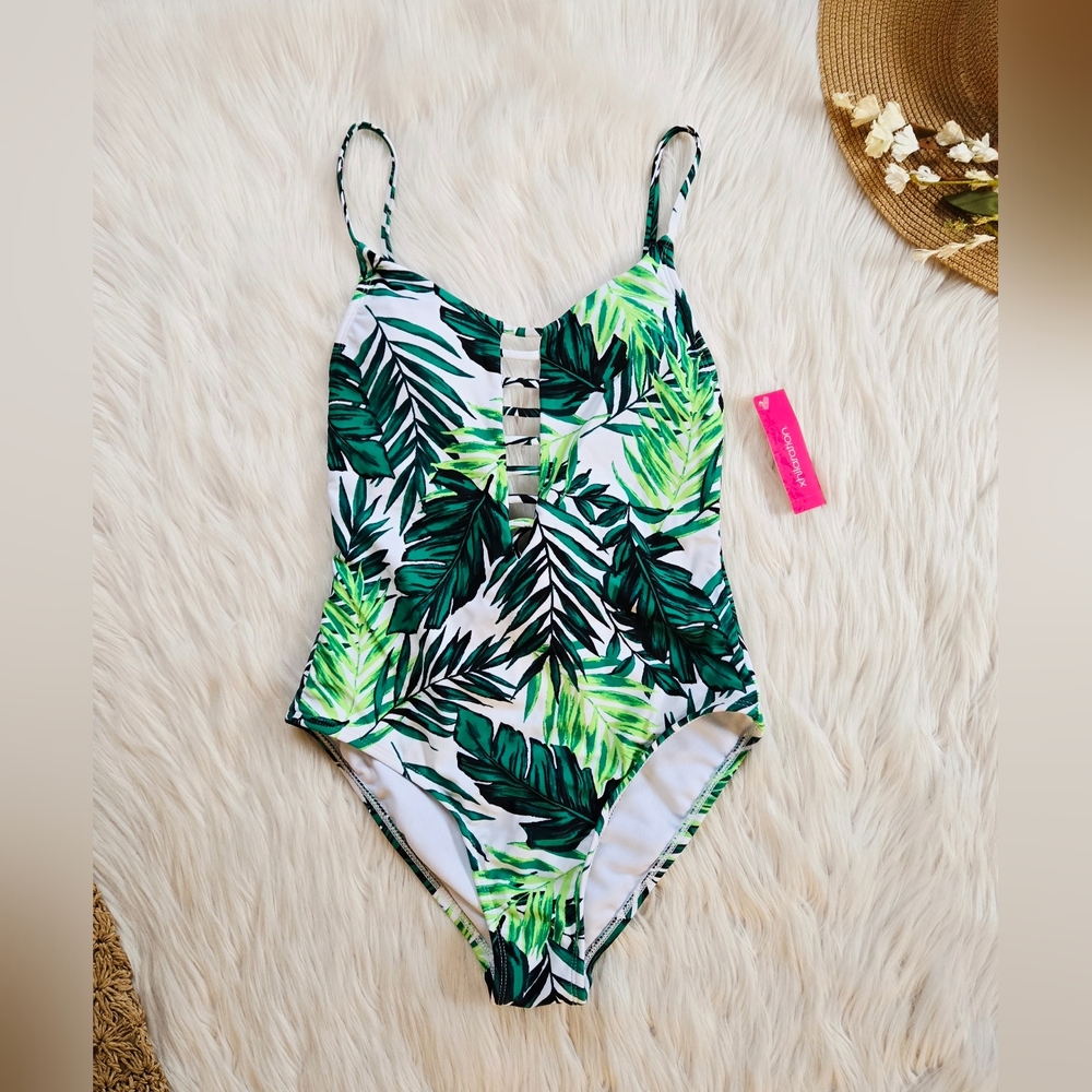 Xhilaration Green Tropical Leaf One-Piece Swimsuit
